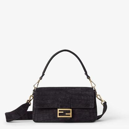Baguette Black nubuck crocodile leather bag