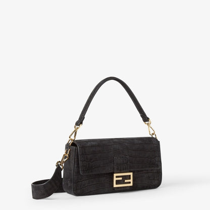 Baguette Black nubuck crocodile leather bag