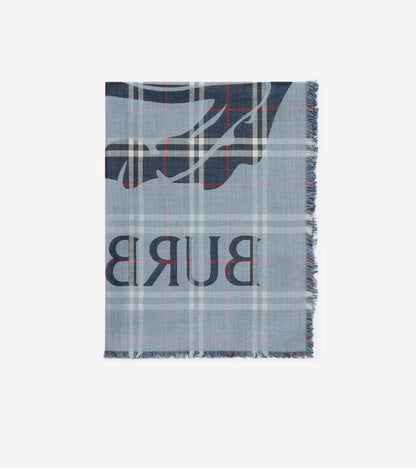 Wide Knight Check Wool Silk Scarf in Ink blue