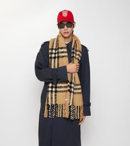 Check Alpaca Wool Blend Bouclé Scarf in Sand beige