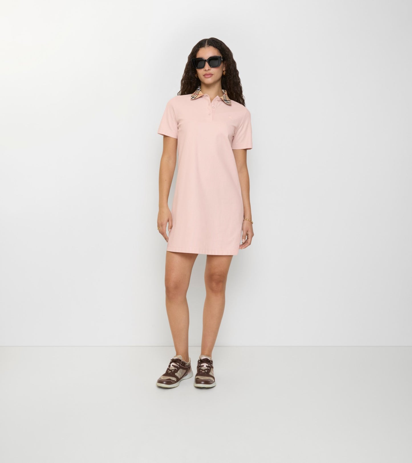 Check Collar Cotton Polo Shirt Dress in Posy pink