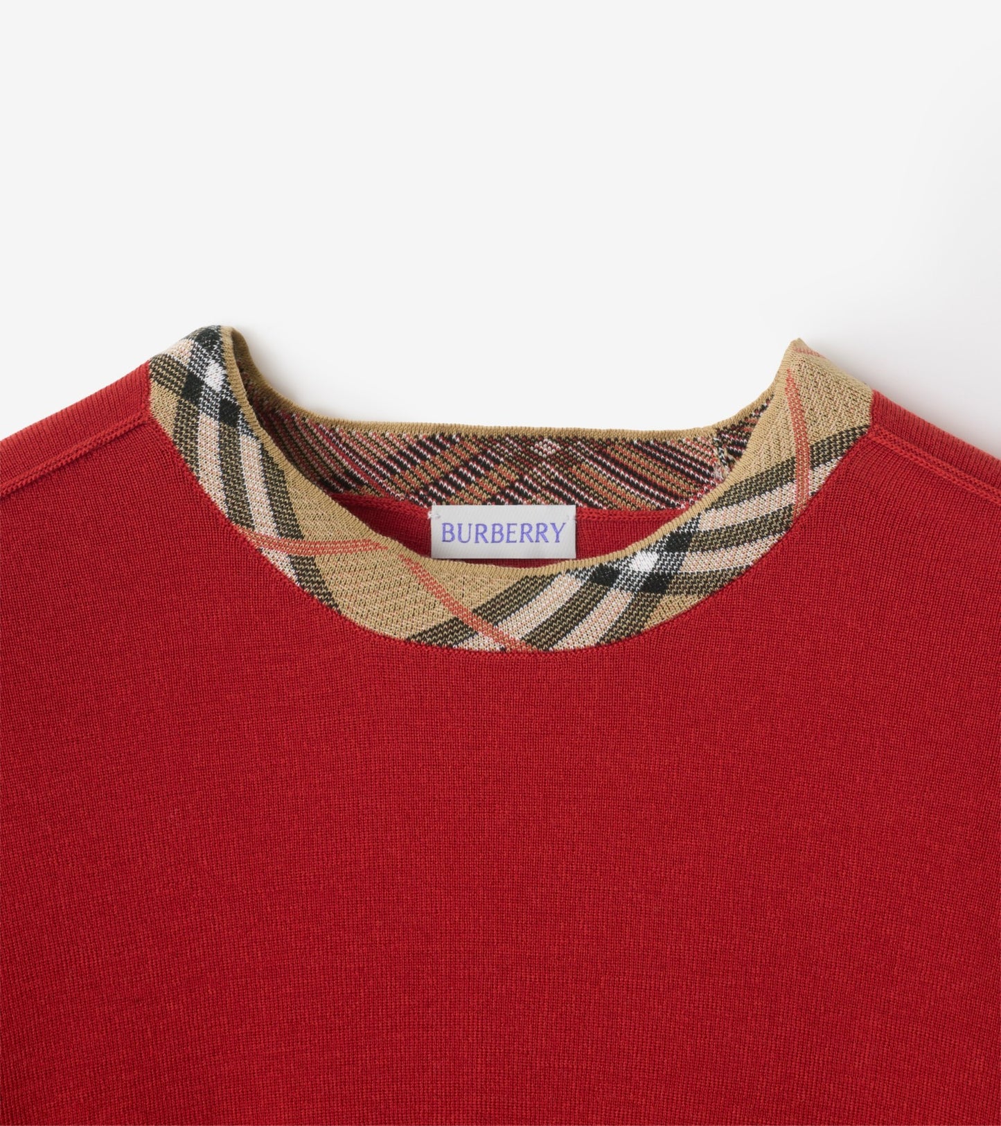 Check Trim Wool Sweater in Crimson red