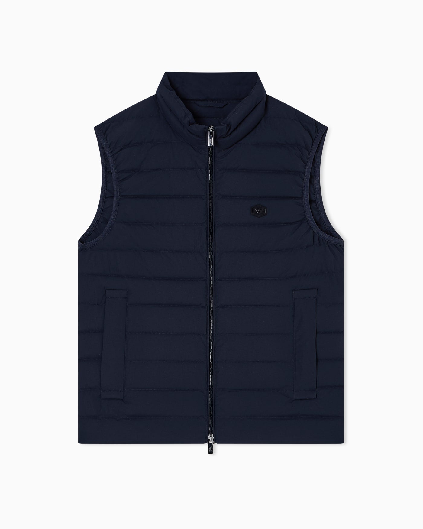 Sleeveless full-zip down jacket in quilted nylon with eagle logo patch