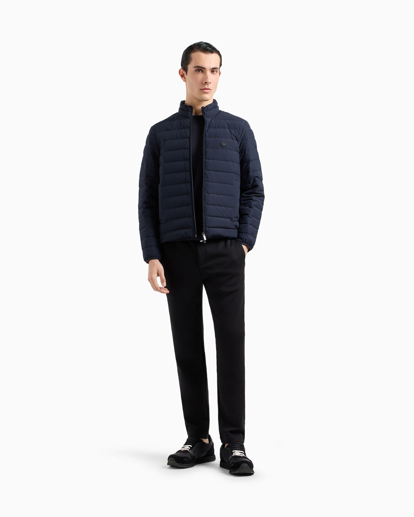 Quilted nylon full-zip down jacket with eagle logo patch