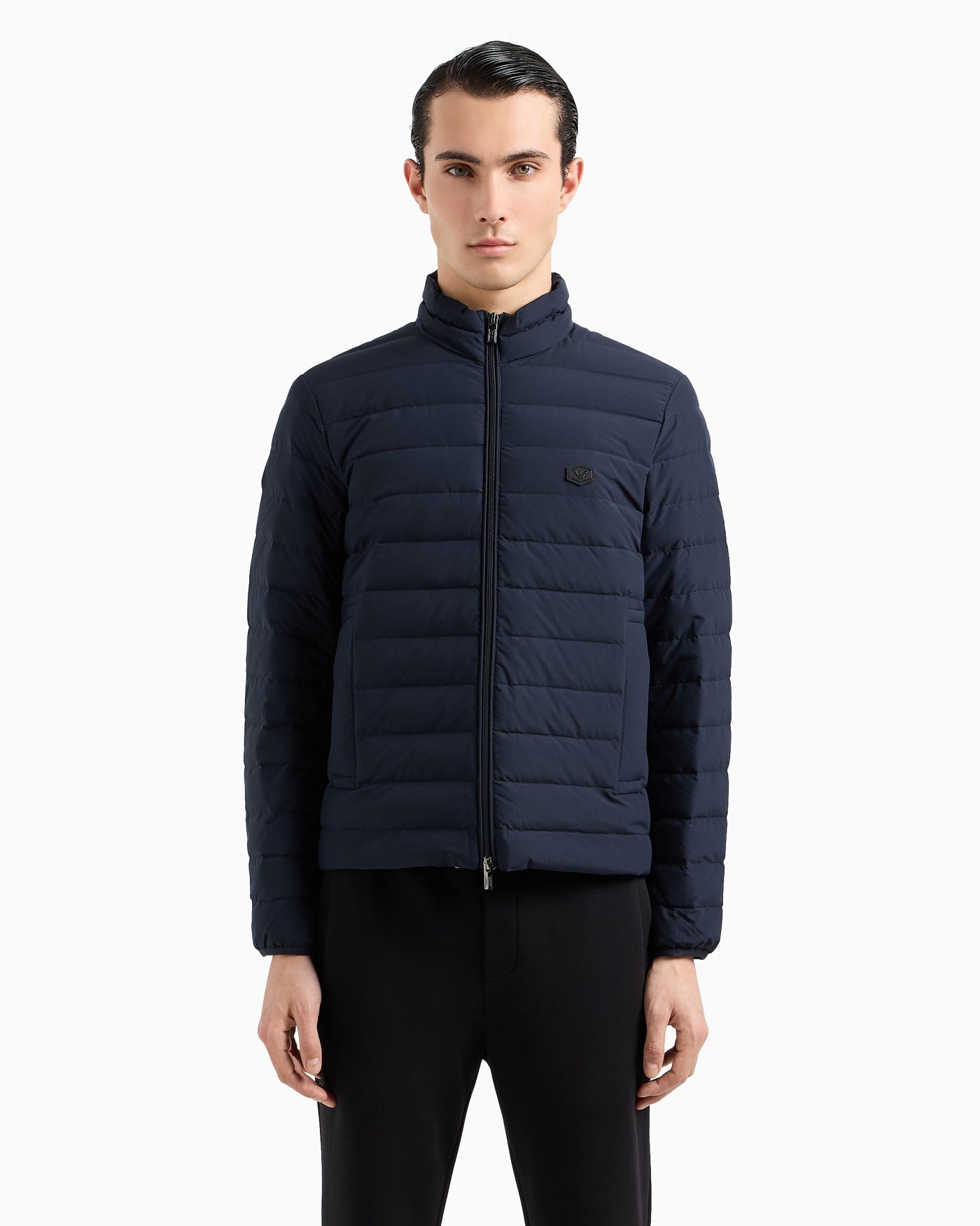 Quilted nylon full-zip down jacket with eagle logo patch