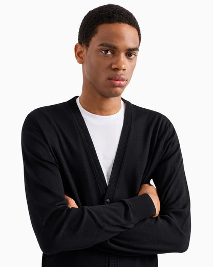 Plain-knit, virgin-wool V-neck cardigan