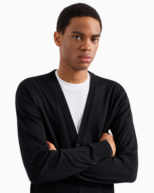 Plain-knit, virgin-wool V-neck cardigan