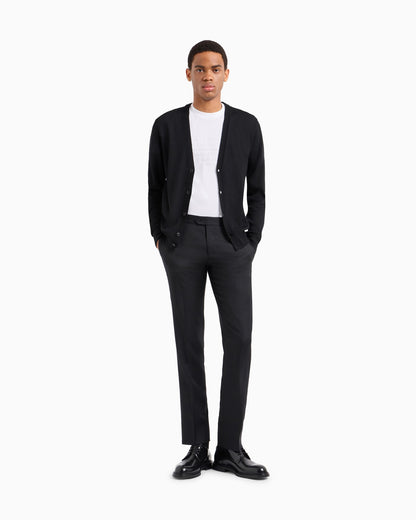 Plain-knit, virgin-wool V-neck cardigan