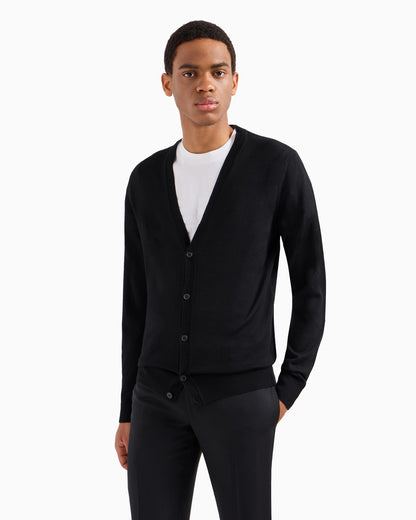 Plain-knit, virgin-wool V-neck cardigan