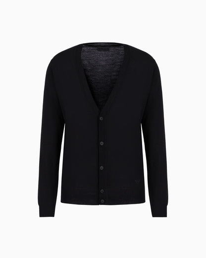 Plain-knit, virgin-wool V-neck cardigan