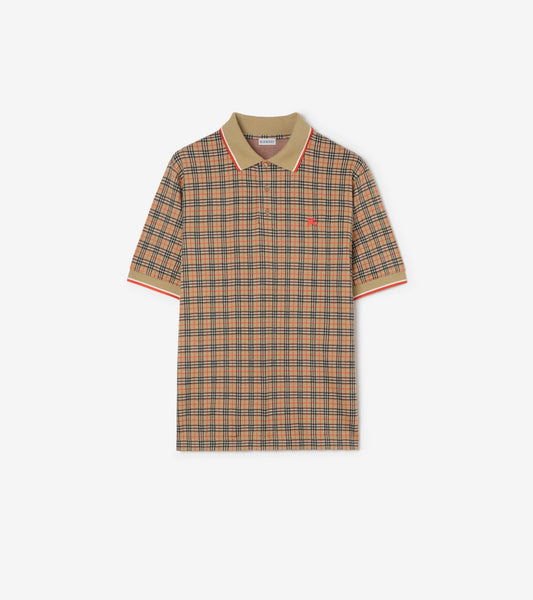 Check Cotton Blend Polo Shirt in Sand beige