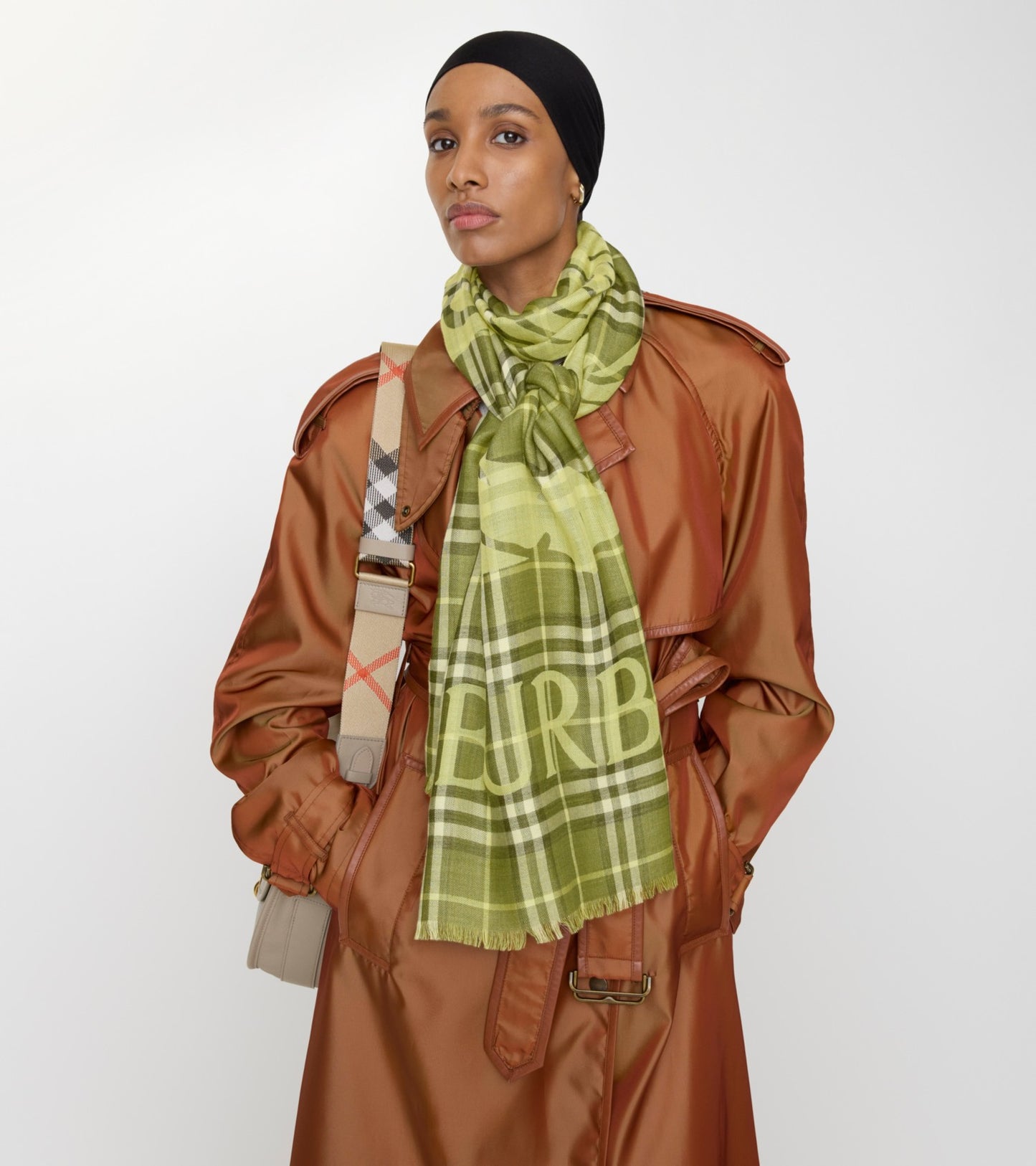 Wide Knight Check Wool Silk Scarf in Pea green