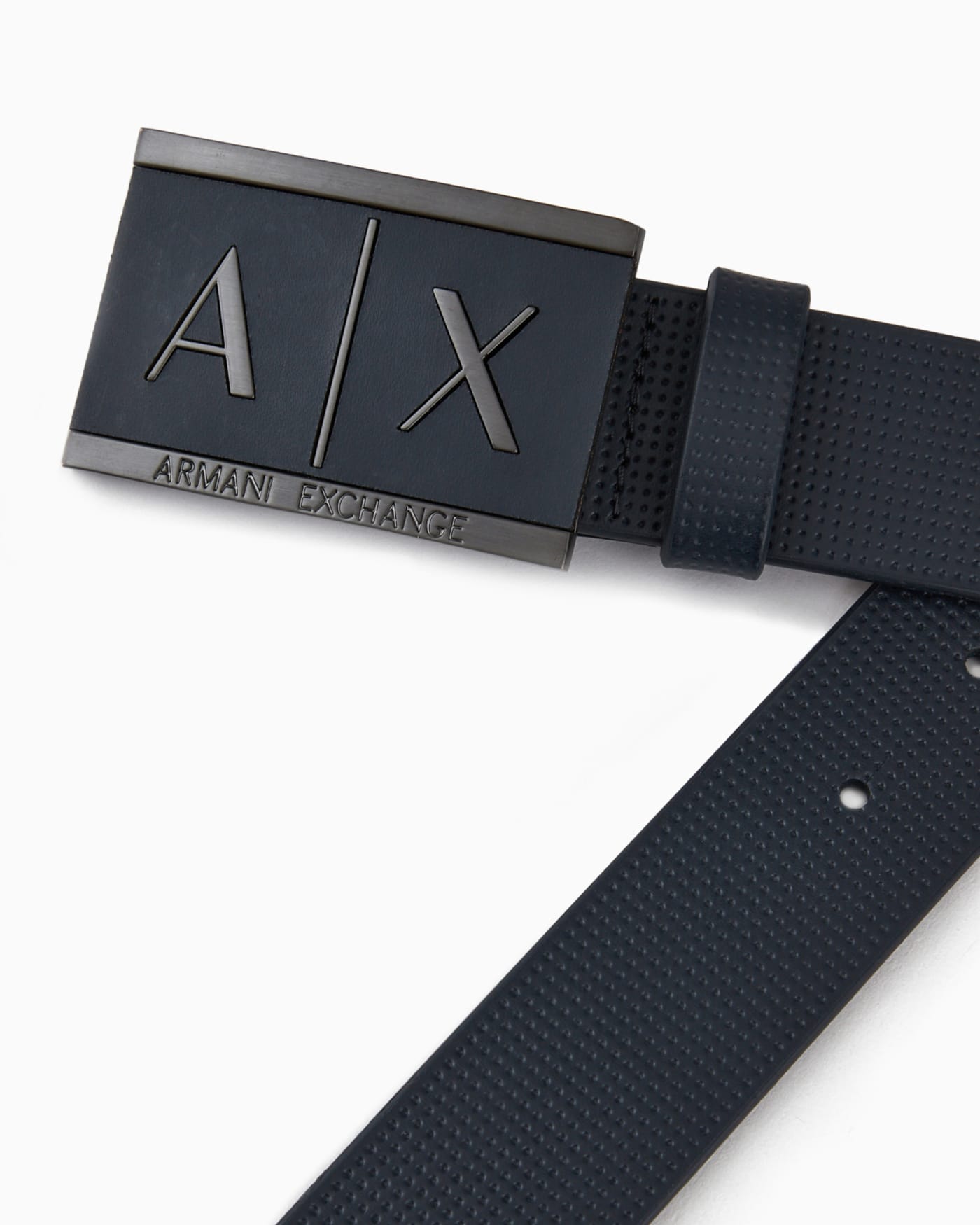 Textured leather belt with an embossed logo buckle