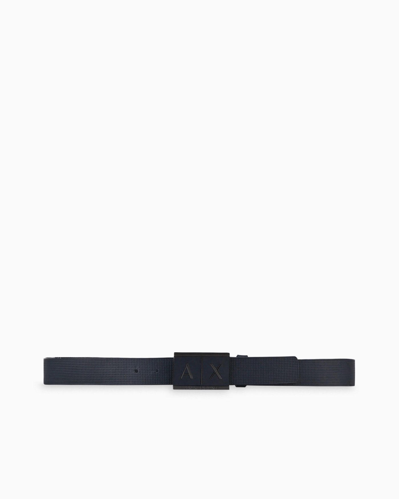 Textured leather belt with an embossed logo buckle