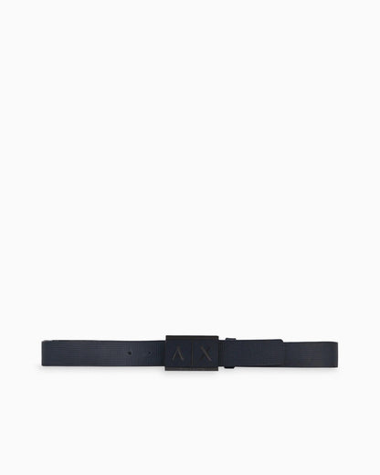 Textured leather belt with an embossed logo buckle