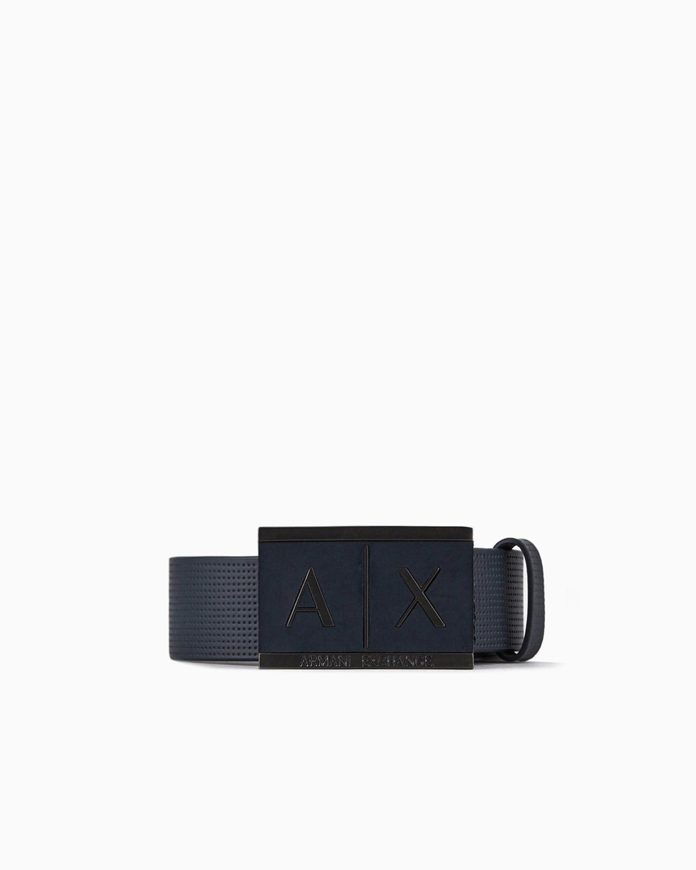Textured leather belt with an embossed logo buckle