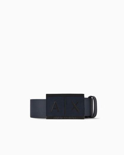 Textured leather belt with an embossed logo buckle