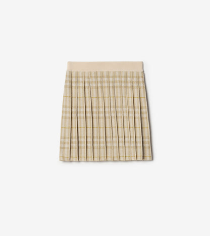 Pleated Check Wool Blend Skirt in White denim