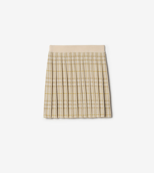Pleated Check Wool Blend Skirt in White denim