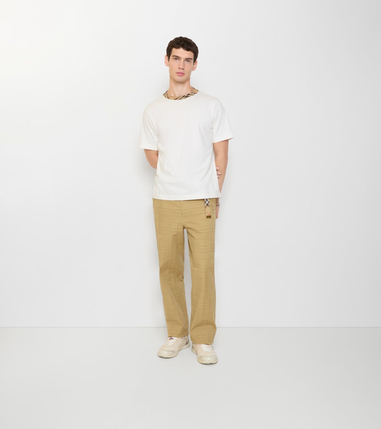 Textured Check Cotton Trousers in Sandstorm beige