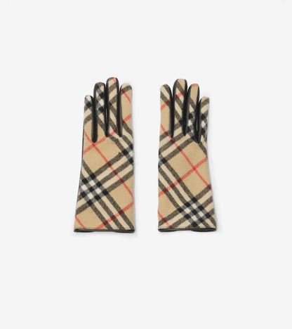Check Wool Cashmere Gloves in Sand beige