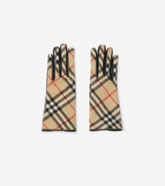 Check Wool Cashmere Gloves in Sand beige