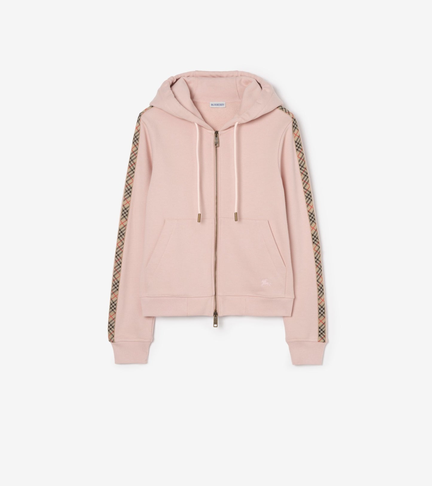 Check Trim Cotton Zip Hoodie in Pale grey melange