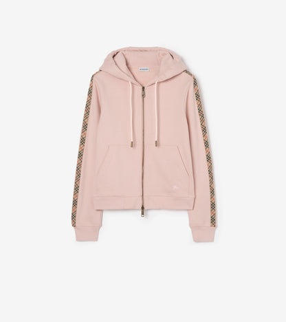 Check Trim Cotton Zip Hoodie in Pale grey melange