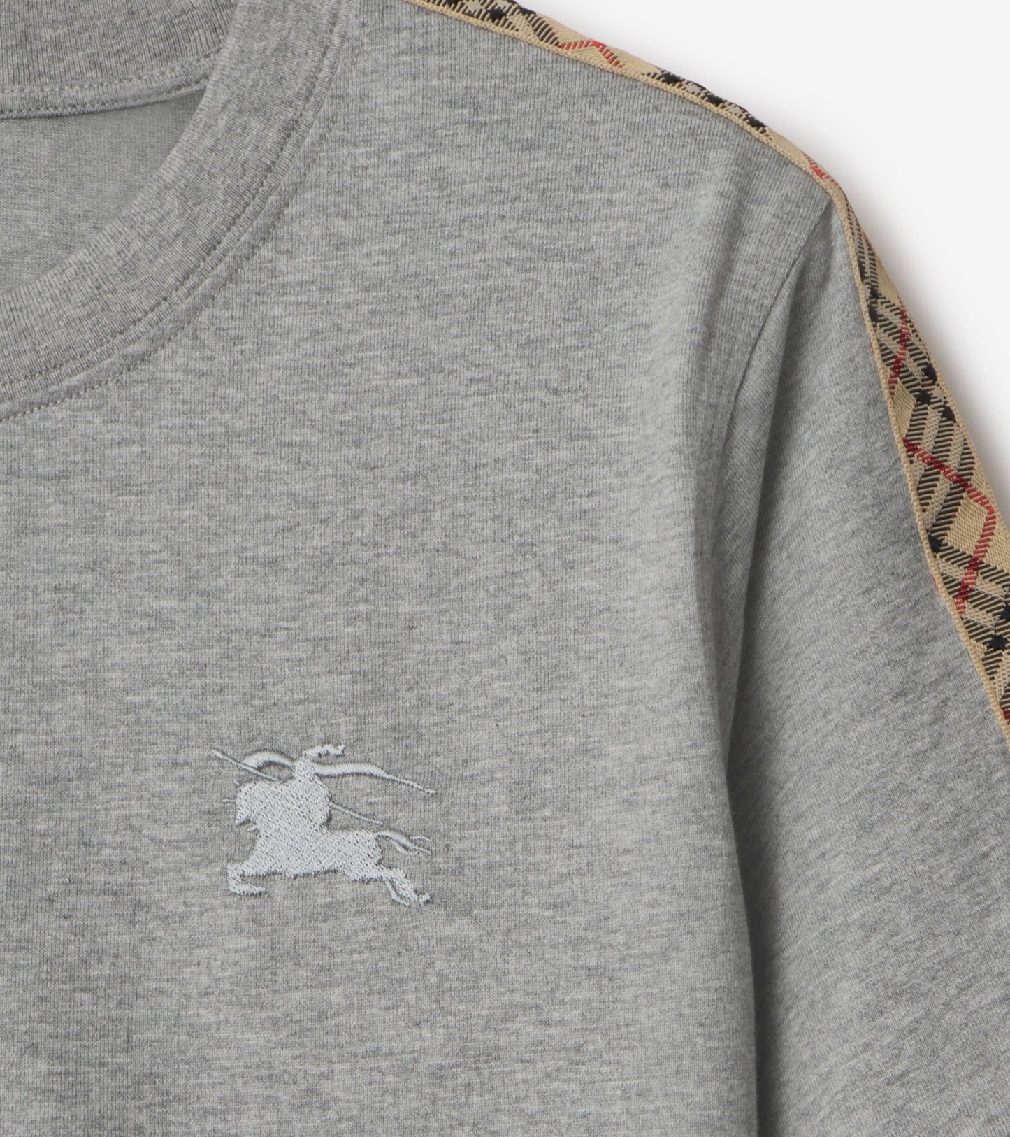Check Trim Cotton T-shirt in Pale grey melange