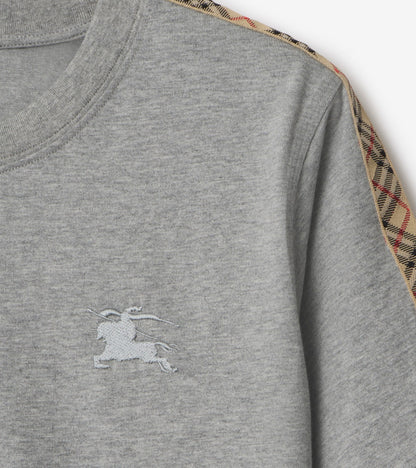 Check Trim Cotton T-shirt in Pale grey melange