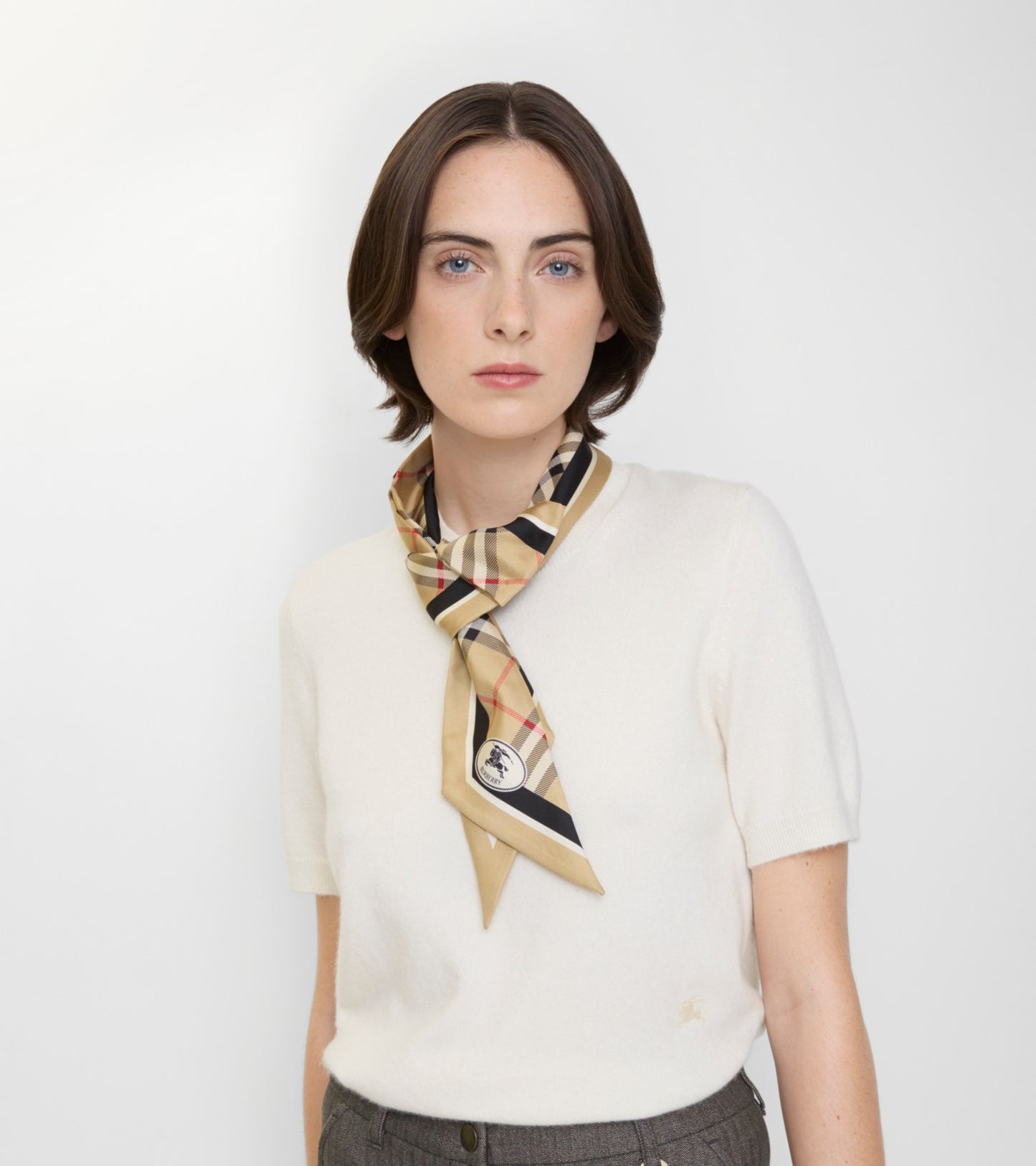 Skinny Check Silk Scarf in Sand beige