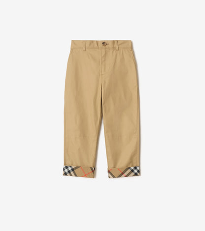 Check Turn-up Cotton Trousers in Sand beige