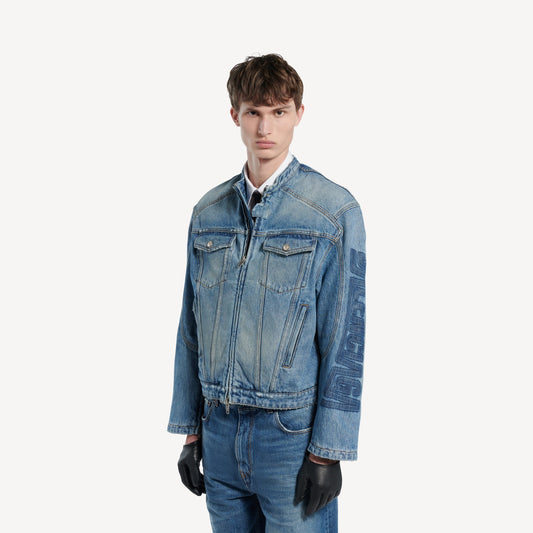 Squeeze denim motorcycle jacket