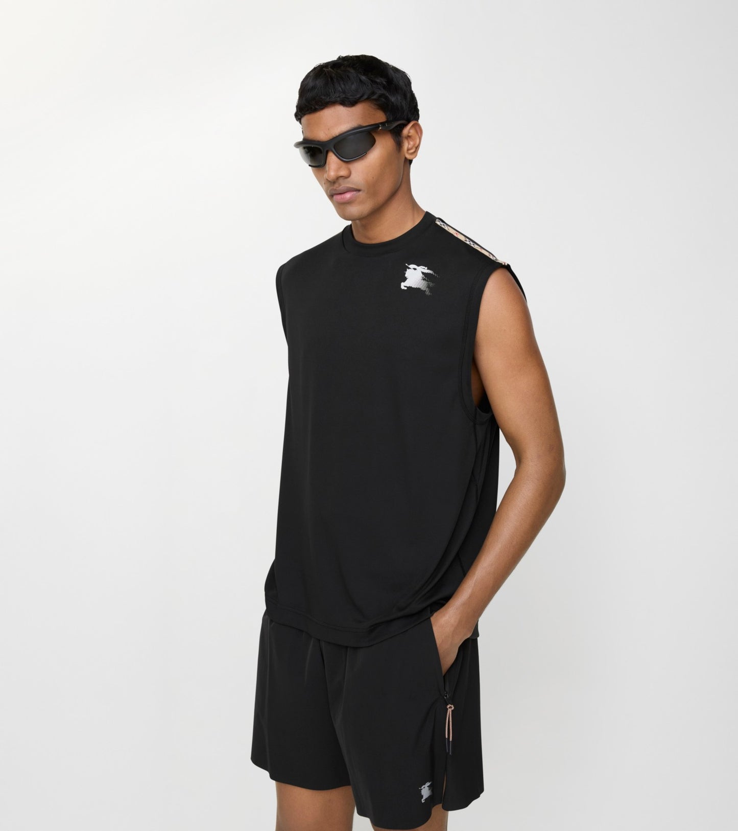 Check Trim Jersey Tank Top in Black