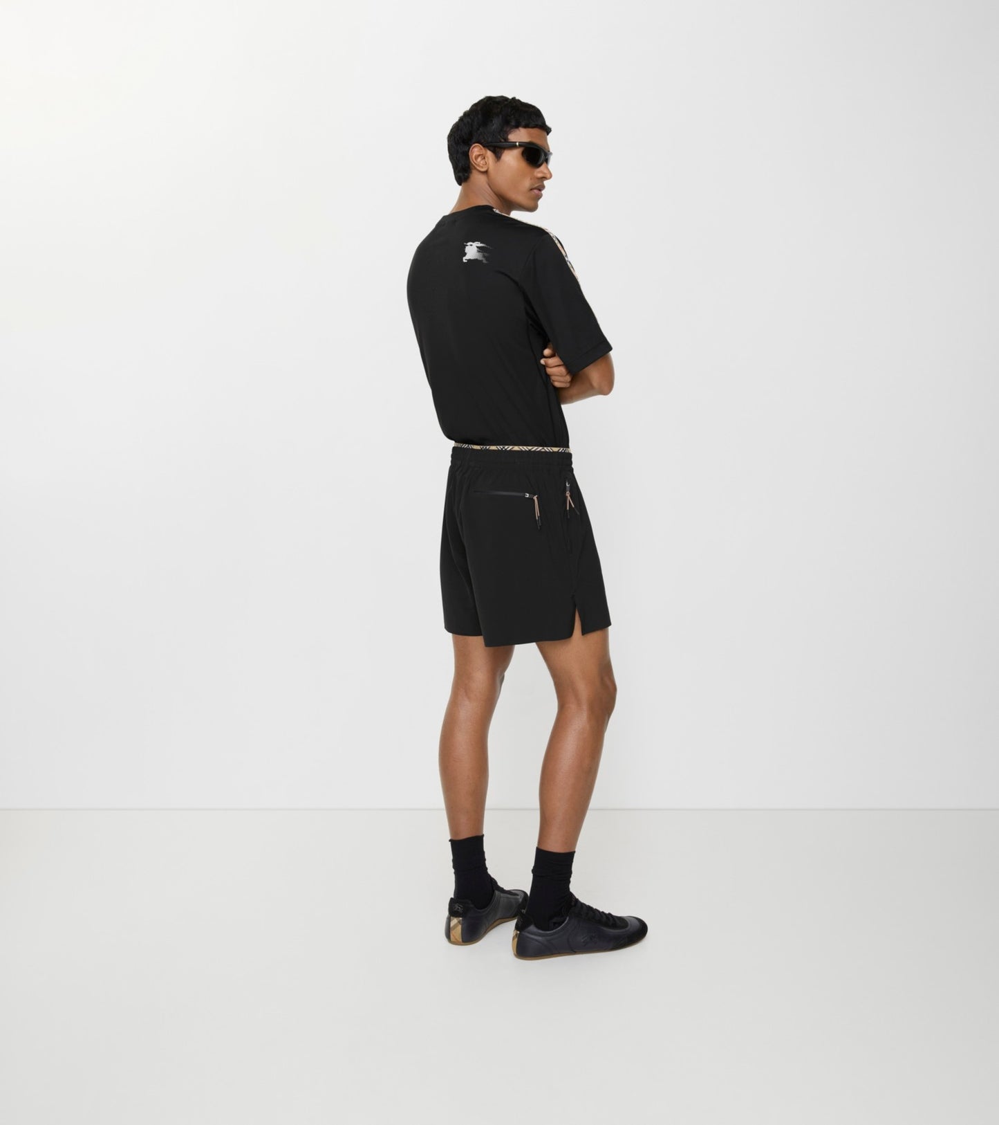 Check Trim Stretch Nylon Shorts in Black