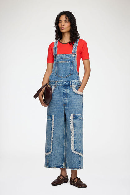 Overalls Cropped Lace in Rigid Denim