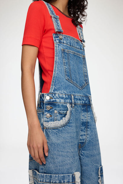 Overalls Cropped Lace in Rigid Denim