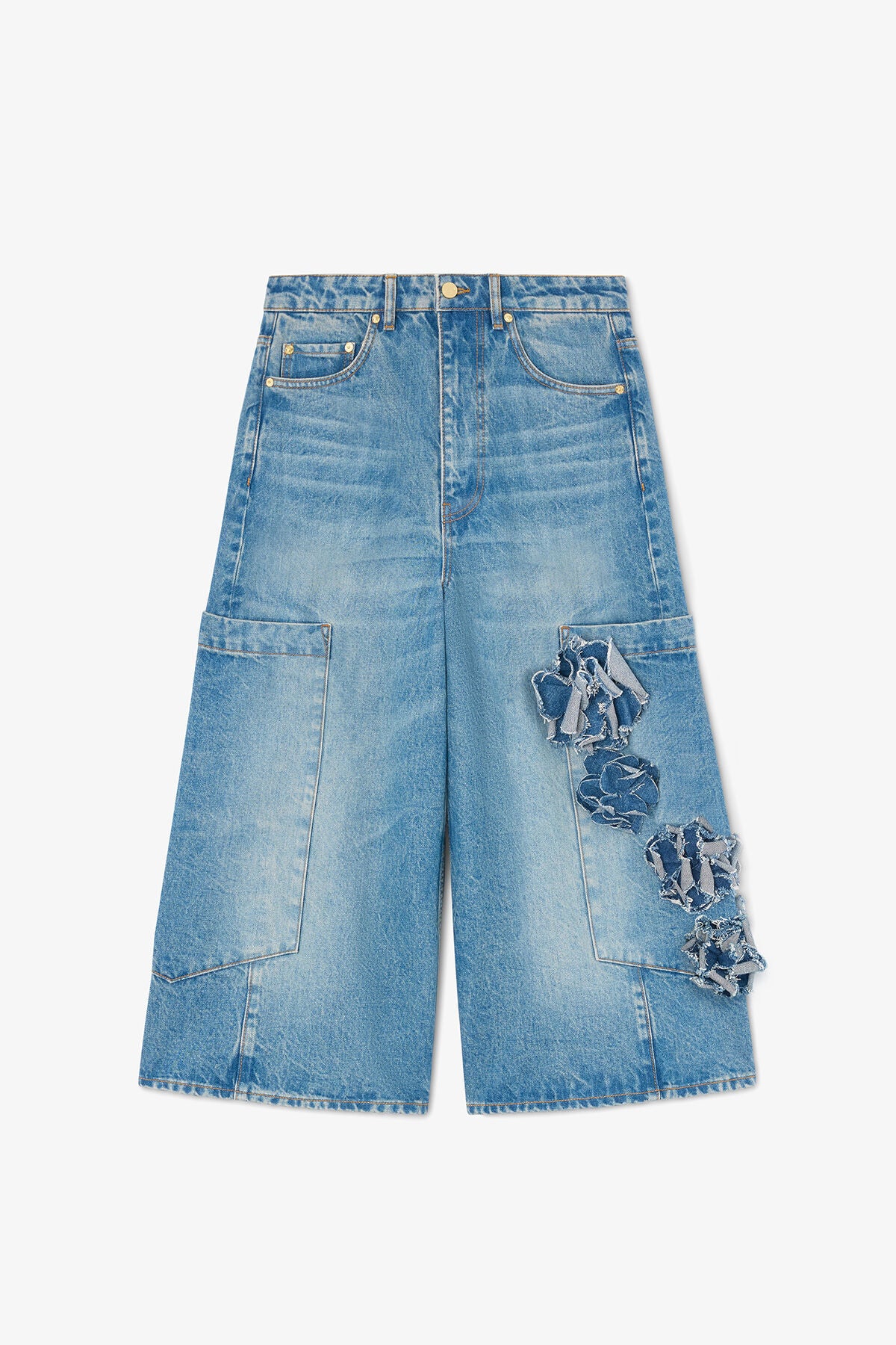 Baggy Cropped Jeans in Flower Print Denim