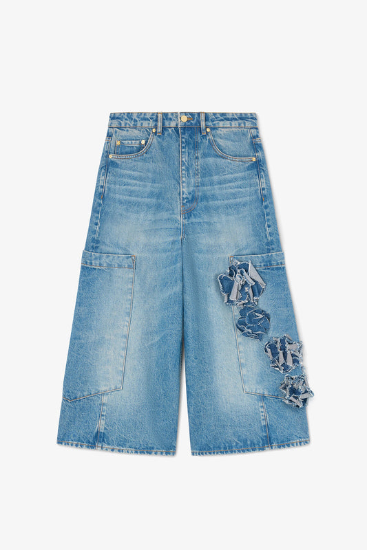 Baggy Cropped Jeans in Flower Print Denim