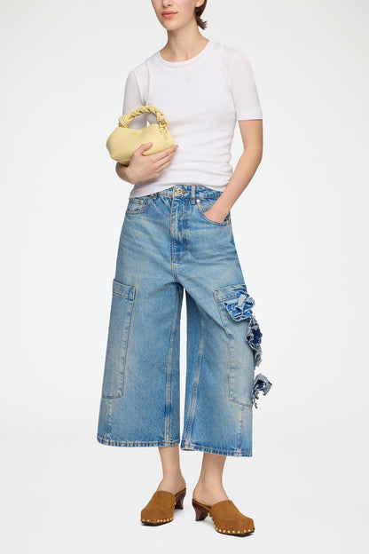 Baggy Cropped Jeans in Flower Print Denim