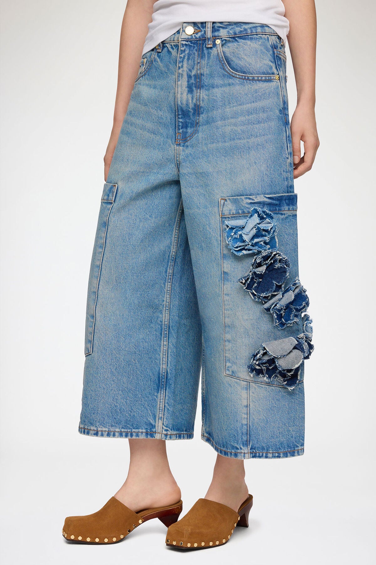 Baggy Cropped Jeans in Flower Print Denim