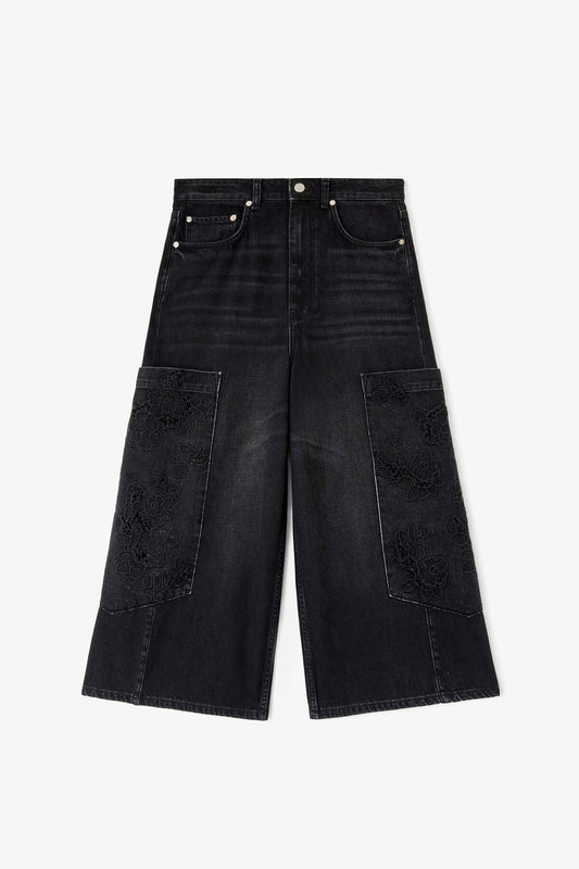Cropped Cargo Jeans in Black Denim