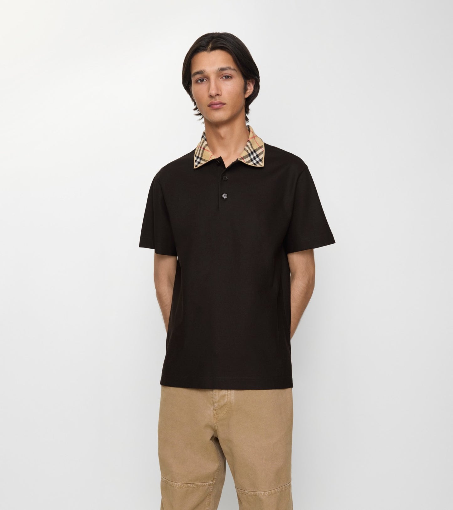 Check Collar Cotton Polo Shirt in Clove brown