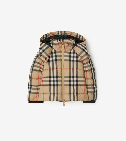 Check Hooded Puffer Jacket in Sand beige