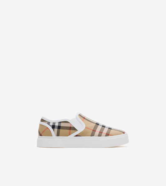 Check Cotton Slip-on Sneakers in Sand beige - Children