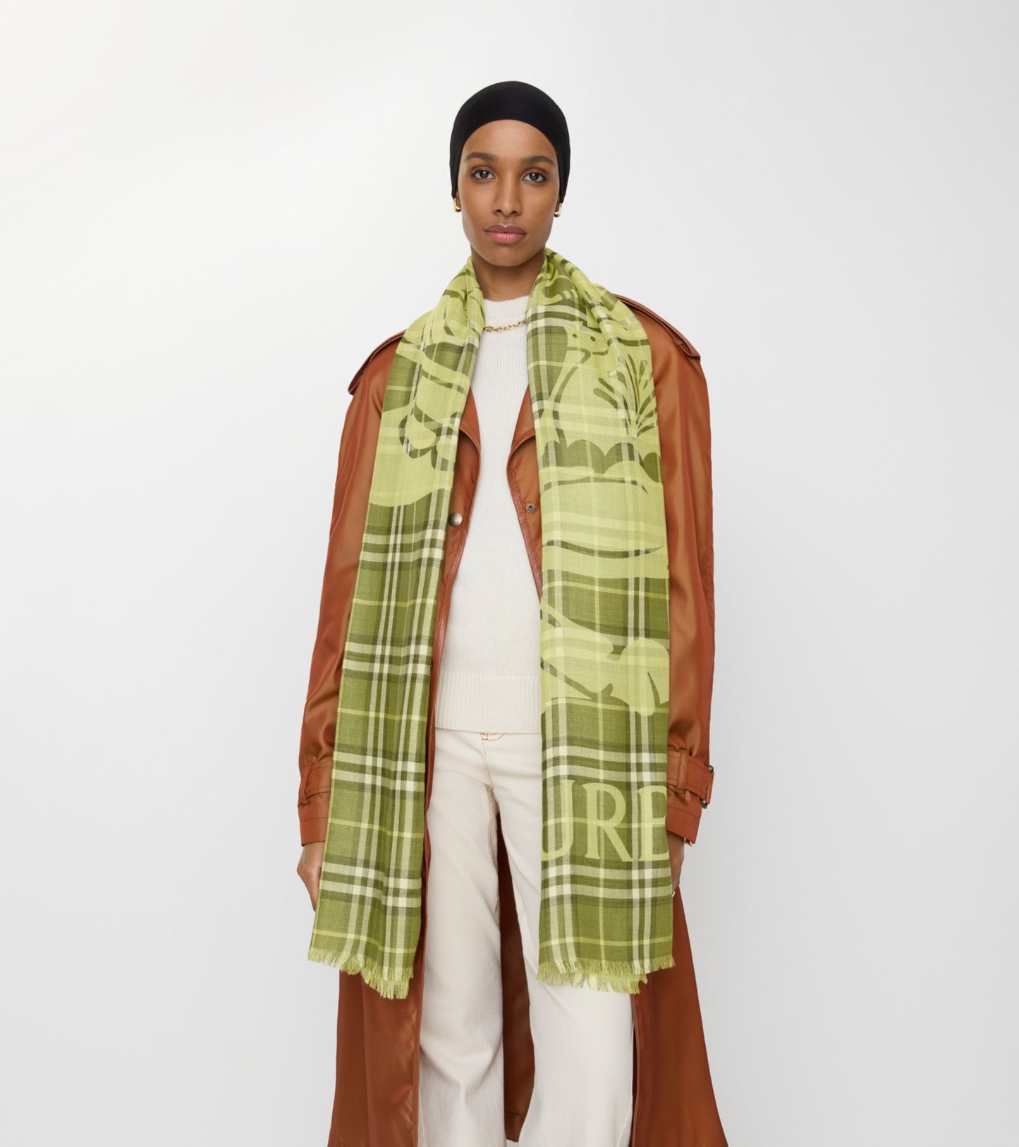 Wide Knight Check Wool Silk Scarf in Pea green