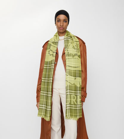Wide Knight Check Wool Silk Scarf in Pea green