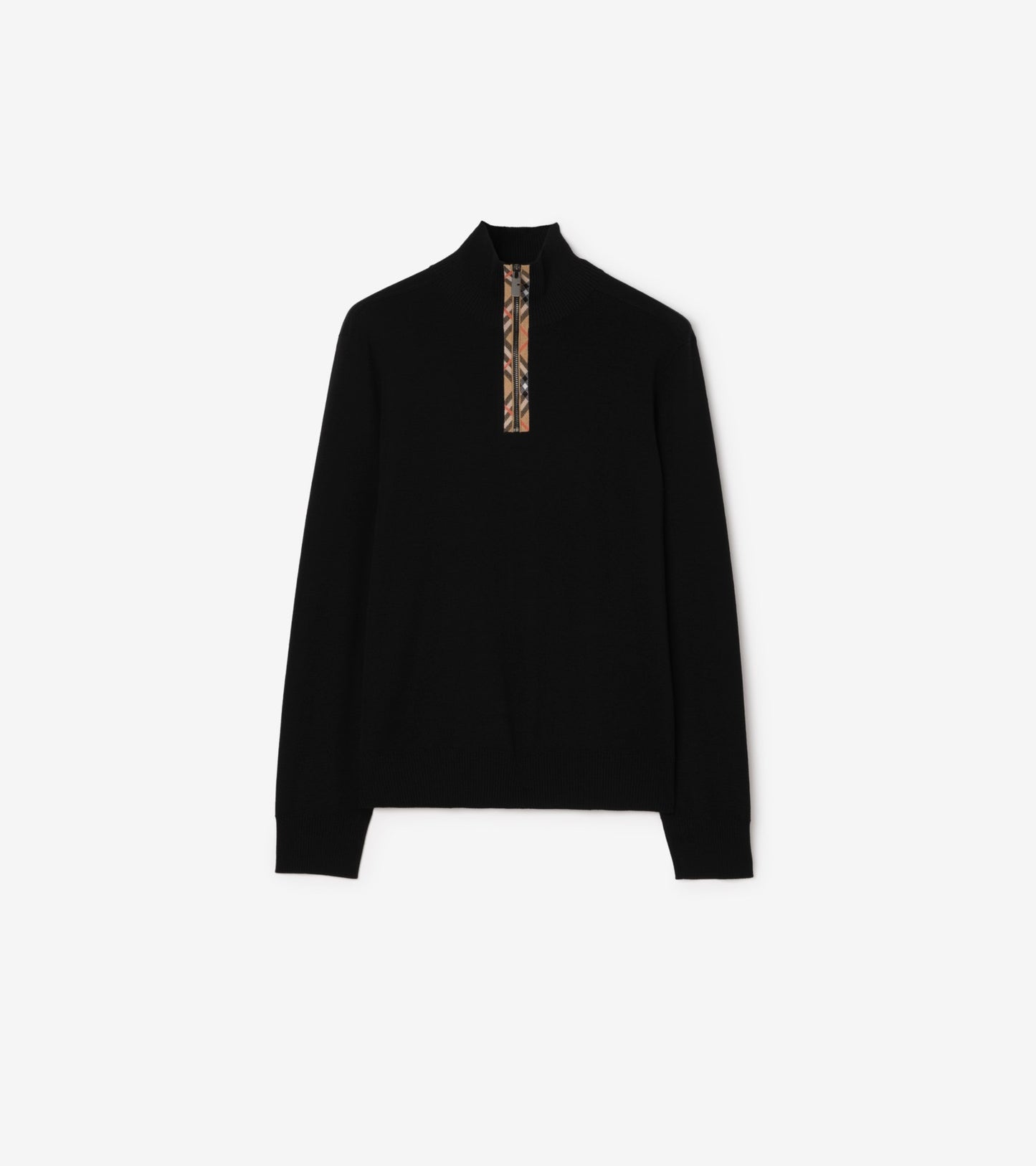 Check Trim Wool Half-zip Sweater in Grey