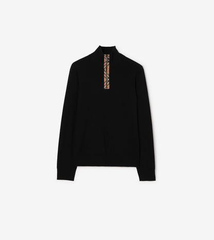 Check Trim Wool Half-zip Sweater in Grey