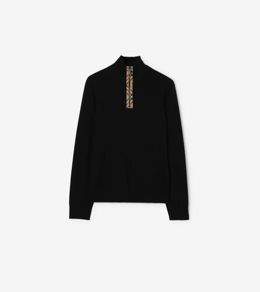 Check Trim Wool Half-zip Sweater in Black